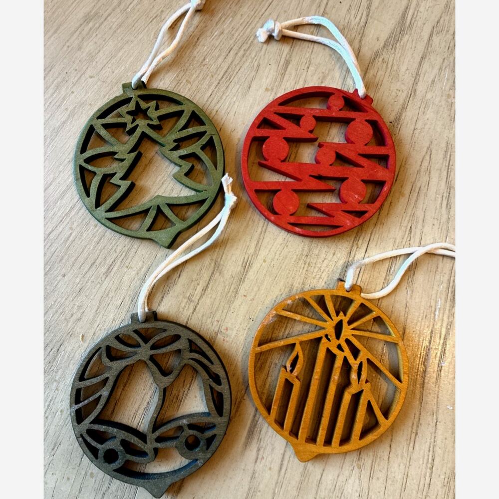4 wooden Christmas ornaments tree bells candles Colorful Laser Cut Holiday Round